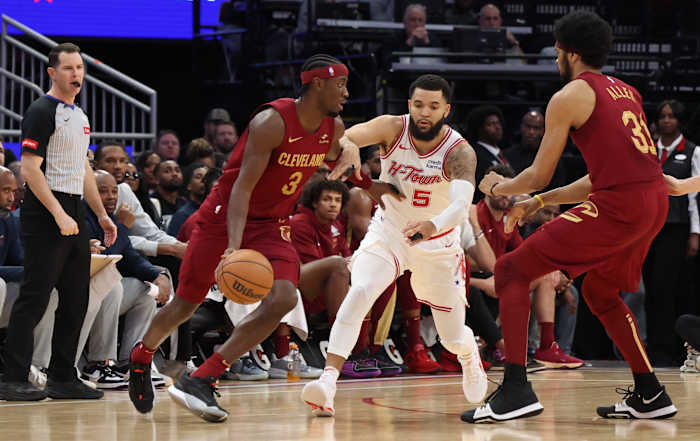 Mar 16, 2024; Houston, Texas, USA; Cleveland Cavaliers guard Caris LeVert (3) dribbles against Houston Rockets guard Fred VanVleet (5) in the second quarter at Toyota Center.